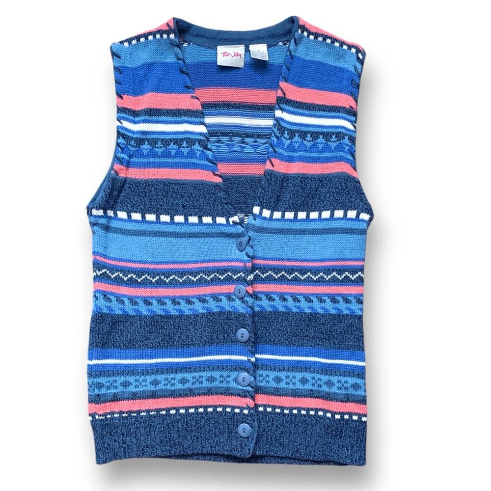 Vintage 90s Knit Sweater Vest Striped Navy Blue Pink Vneck Button Front Small